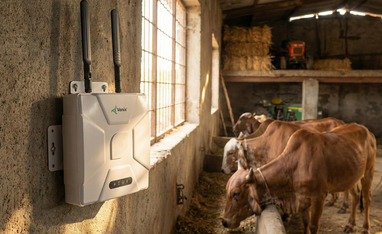 MyBovine LoRa gateway installed on dairy farm wall transmitting cattle health data